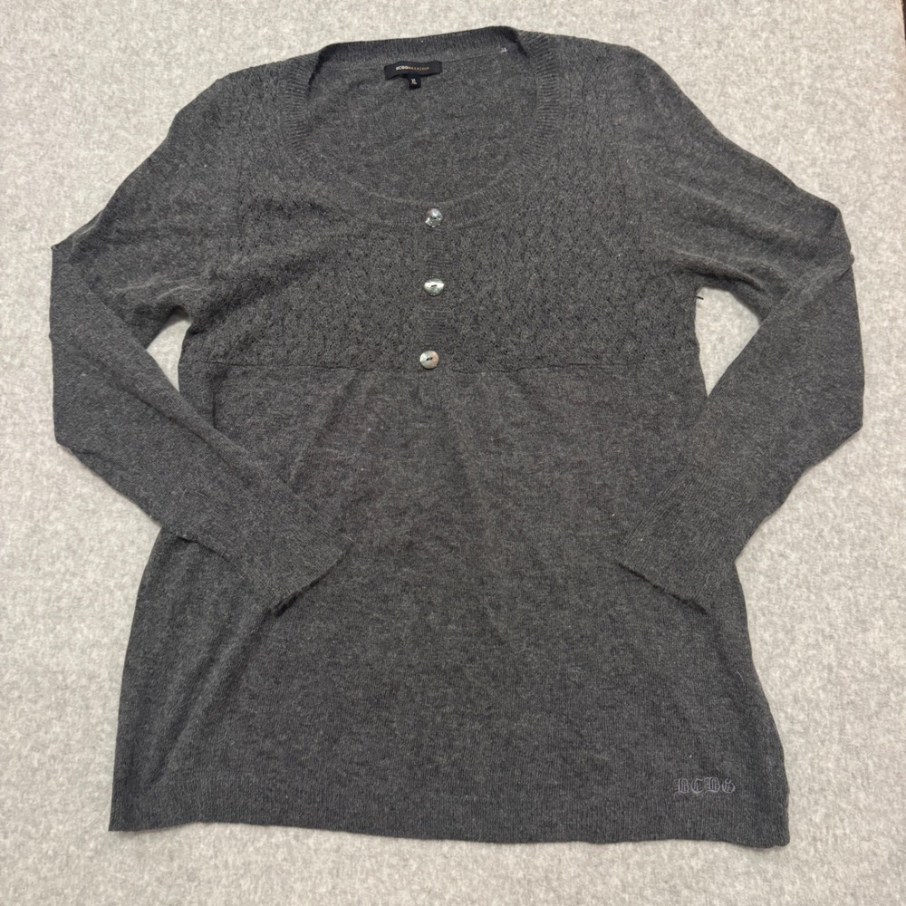 BCBG MAXAZRIA Gray Angora Wool Blend Pointelle Knit Button Sweater‎ Top XL